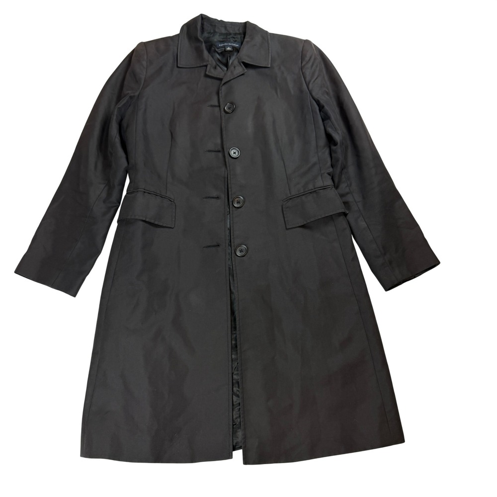 Banana Republic Womens Small Black Coated Trench Coat Mid Length Button Jacket